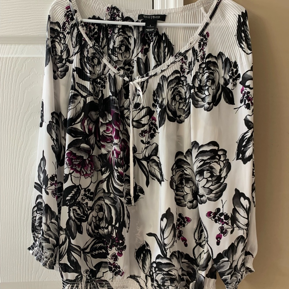 White House Black Market Floral Blouse with Tie Neck